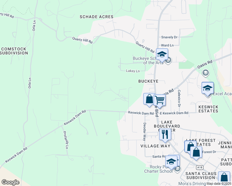 map of restaurants, bars, coffee shops, grocery stores, and more near 3060 Keswick Dam Road in Redding