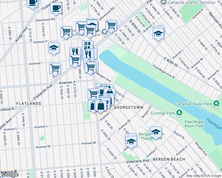 map of restaurants, bars, coffee shops, grocery stores, and more near 1128 East 73rd Street in Brooklyn