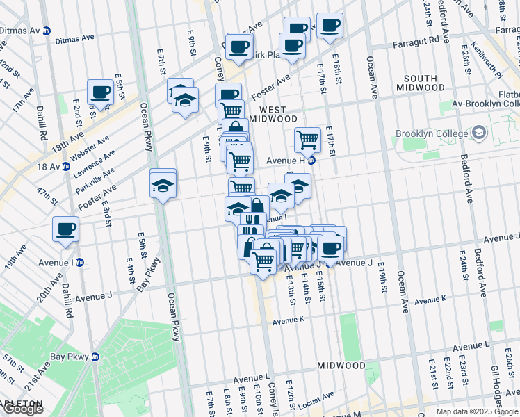map of restaurants, bars, coffee shops, grocery stores, and more near 1109 Avenue I in Brooklyn