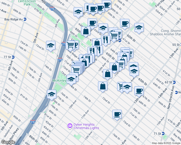 map of restaurants, bars, coffee shops, grocery stores, and more near 969 70th Street in Brooklyn