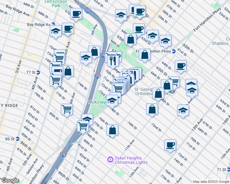 map of restaurants, bars, coffee shops, grocery stores, and more near 7122 Fort Hamilton Parkway in Brooklyn