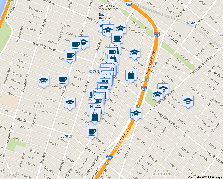 map of restaurants, bars, coffee shops, grocery stores, and more near 543 77th Street in Brooklyn