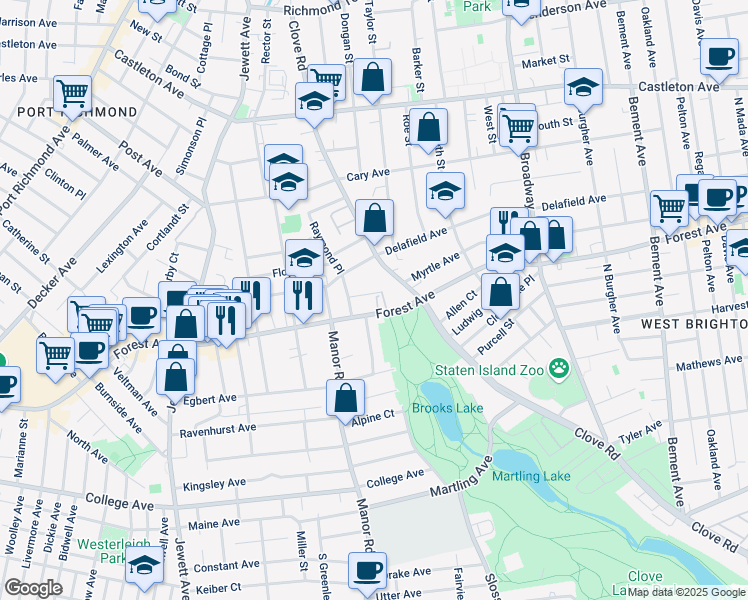 map of restaurants, bars, coffee shops, grocery stores, and more near 1037 Forest Avenue in Staten Island
