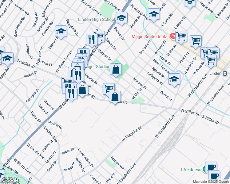 map of restaurants, bars, coffee shops, grocery stores, and more near 626 Ercama Street in Linden