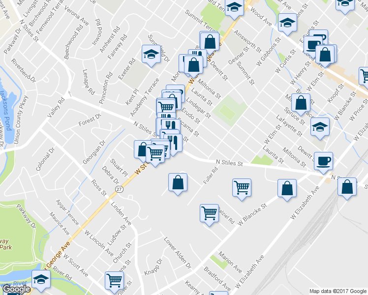map of restaurants, bars, coffee shops, grocery stores, and more near 744 North Stiles Street in Linden