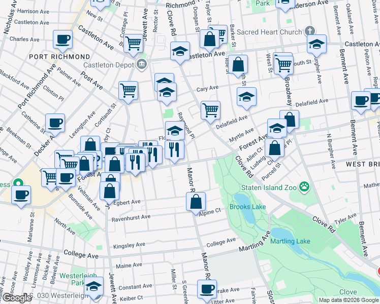 map of restaurants, bars, coffee shops, grocery stores, and more near 30 Manor Road in Staten Island
