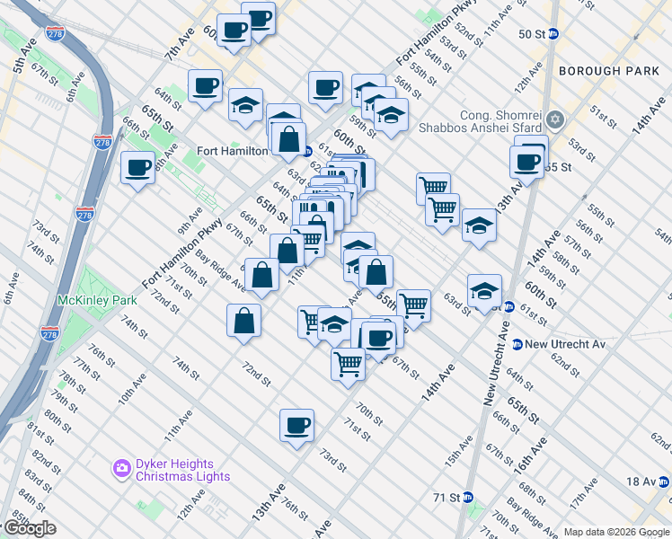 map of restaurants, bars, coffee shops, grocery stores, and more near 1139 66th Street in Brooklyn