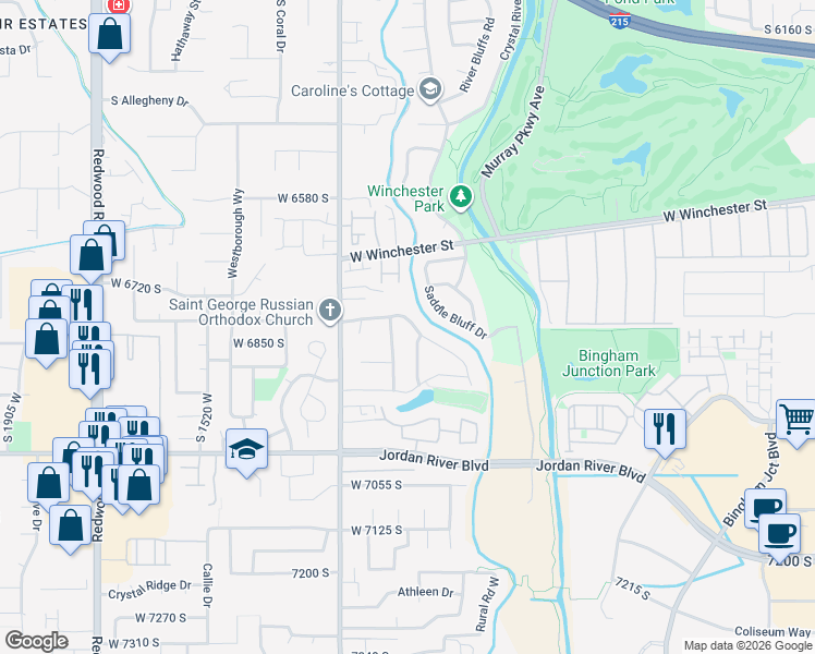 map of restaurants, bars, coffee shops, grocery stores, and more near 6849 Bateman Field Drive in West Jordan