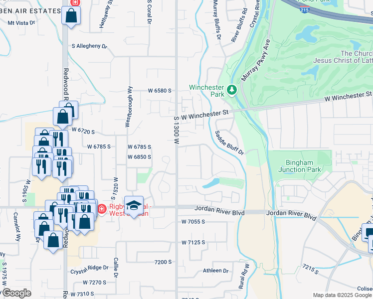 map of restaurants, bars, coffee shops, grocery stores, and more near 6854 Dairy Hill Ct in West Jordan