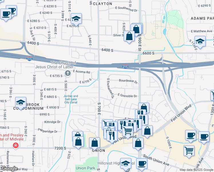 map of restaurants, bars, coffee shops, grocery stores, and more near 6812 South Enchanted Drive in Midvale