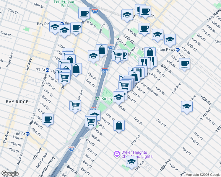 map of restaurants, bars, coffee shops, grocery stores, and more near 825 73rd Street in Brooklyn