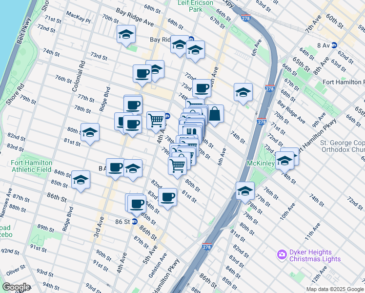 map of restaurants, bars, coffee shops, grocery stores, and more near 7720 5th Avenue in Brooklyn