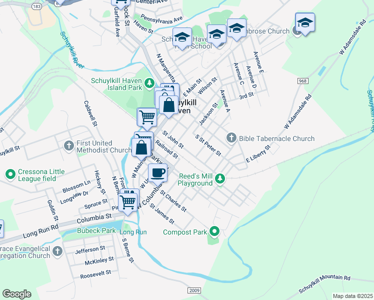 map of restaurants, bars, coffee shops, grocery stores, and more near 206 Saint John Street in Schuylkill Haven