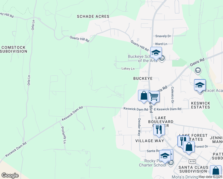 map of restaurants, bars, coffee shops, grocery stores, and more near 3060 Keswick Dam Road in Redding