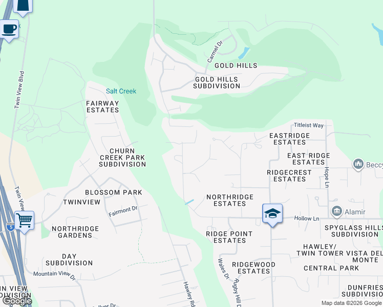 map of restaurants, bars, coffee shops, grocery stores, and more near 19072 Hollow Lane in Redding