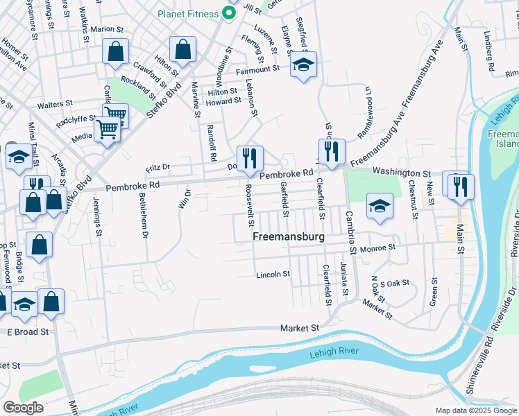 map of restaurants, bars, coffee shops, grocery stores, and more near 387 Roosevelt Street in Freemansburg
