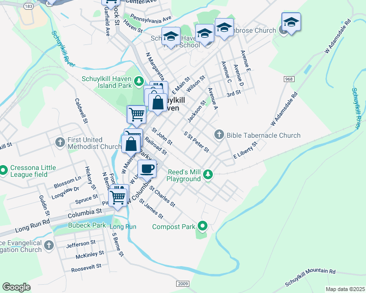 map of restaurants, bars, coffee shops, grocery stores, and more near 11 East Market Street in Schuylkill Haven