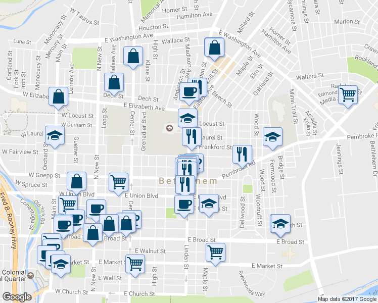 map of restaurants, bars, coffee shops, grocery stores, and more near 1001 Linden Street in Bethlehem