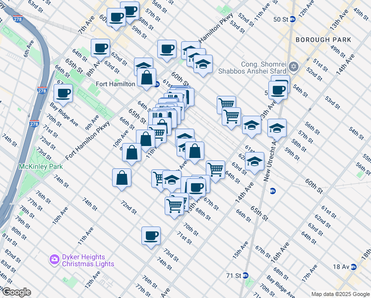 map of restaurants, bars, coffee shops, grocery stores, and more near 1171 65th Street in Brooklyn