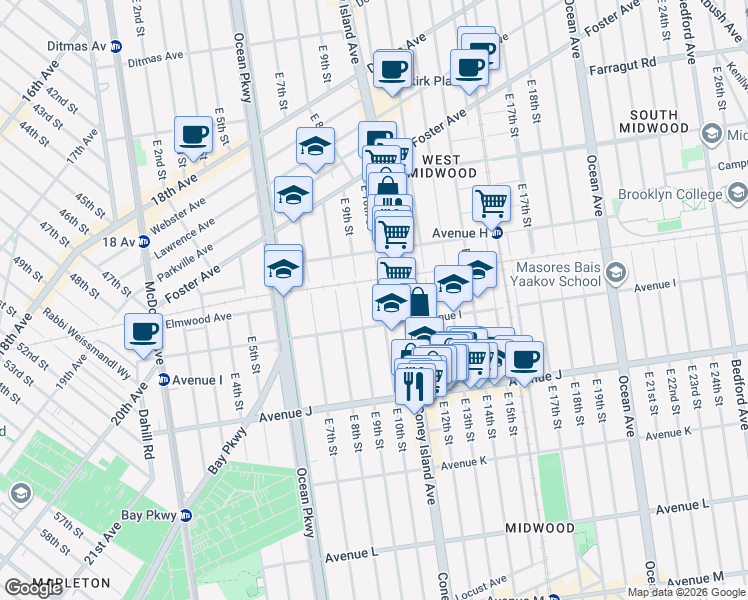 map of restaurants, bars, coffee shops, grocery stores, and more near 877 East 10th Street in Brooklyn
