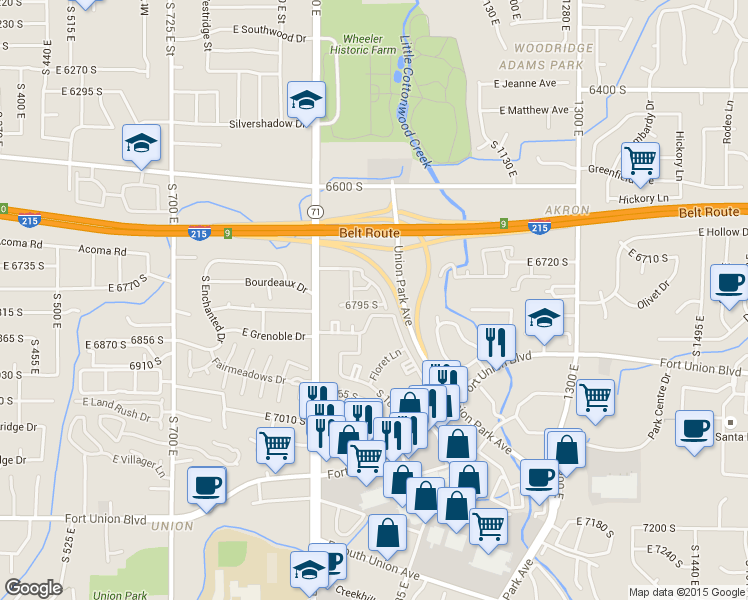 map of restaurants, bars, coffee shops, grocery stores, and more near 975 6795 South in Midvale
