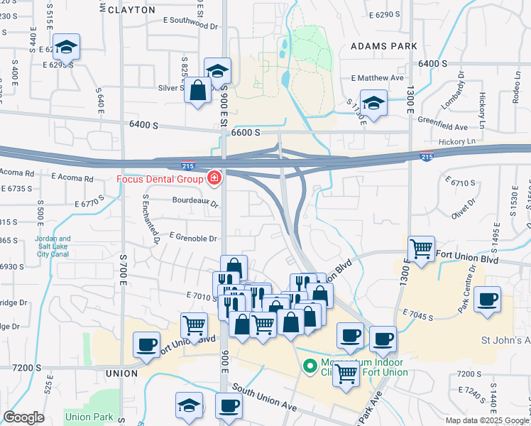 map of restaurants, bars, coffee shops, grocery stores, and more near 975 6795 South in Midvale