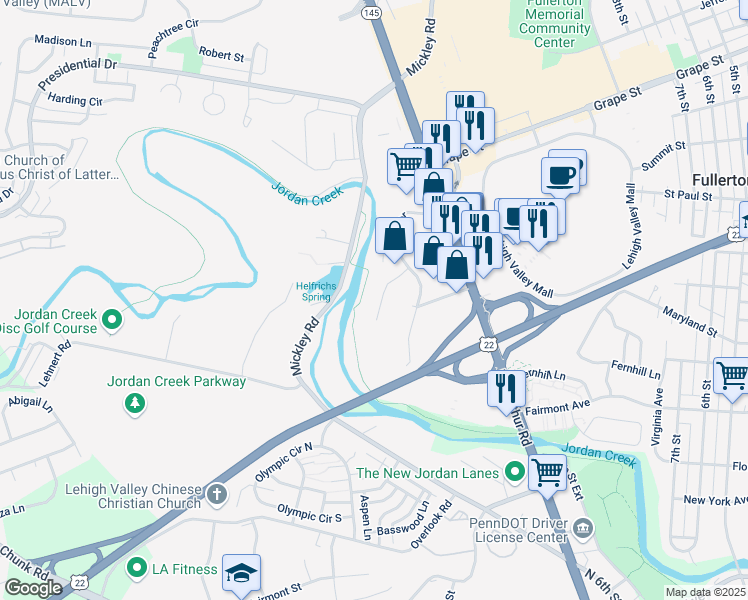 map of restaurants, bars, coffee shops, grocery stores, and more near 1552 Creekside Road in Fullerton