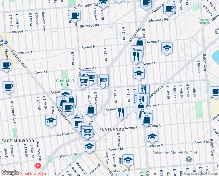 map of restaurants, bars, coffee shops, grocery stores, and more near Kings Highway & Avenue J in Brooklyn