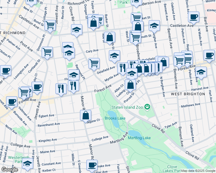 map of restaurants, bars, coffee shops, grocery stores, and more near Forest Avenue & Clove Road in Staten Island
