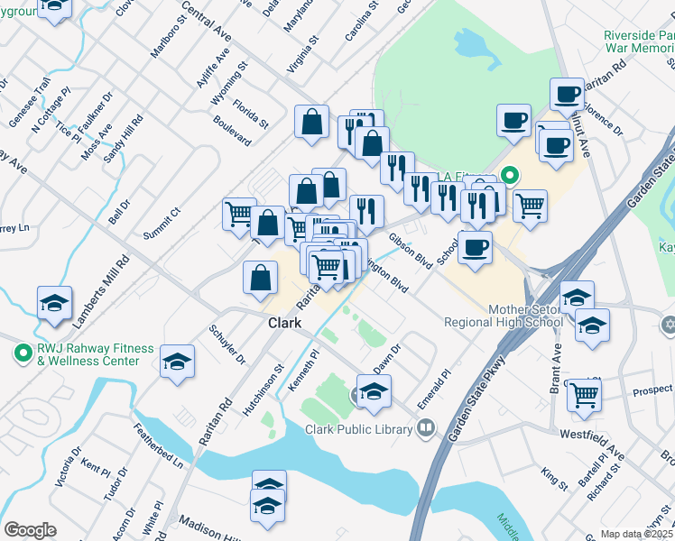 map of restaurants, bars, coffee shops, grocery stores, and more near 1081 Raritan Road in Clark