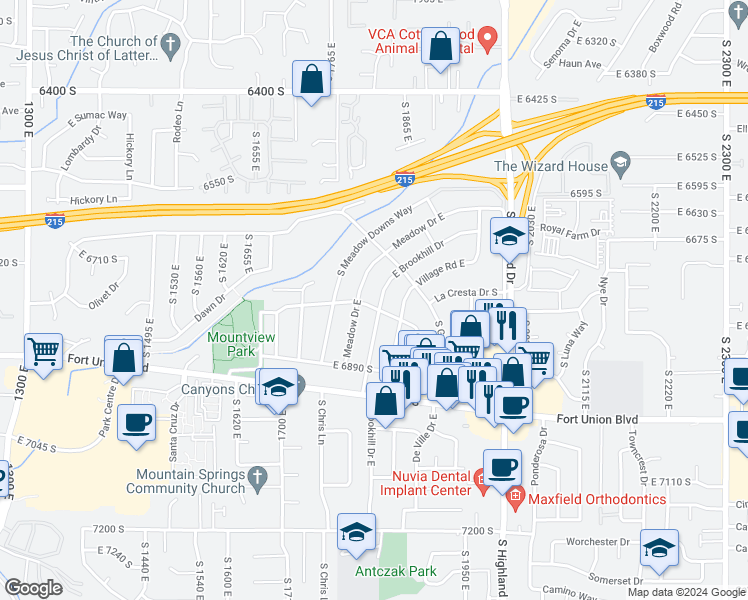 map of restaurants, bars, coffee shops, grocery stores, and more near 1831 East Village Green Road in Cottonwood Heights