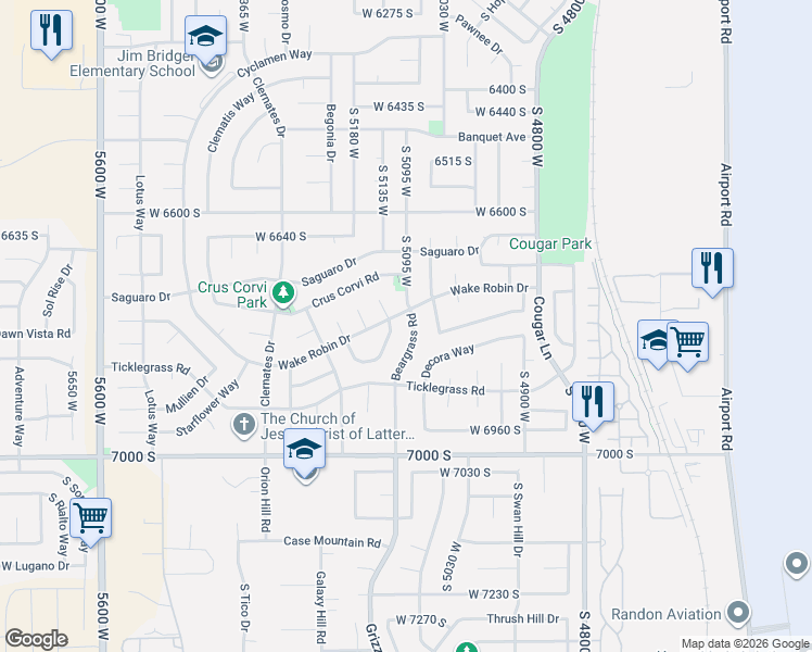 map of restaurants, bars, coffee shops, grocery stores, and more near 6790 Beargrass Road in West Jordan