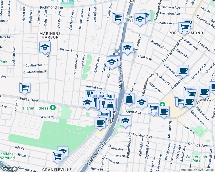 map of restaurants, bars, coffee shops, grocery stores, and more near 445 Morningstar Road in Staten Island