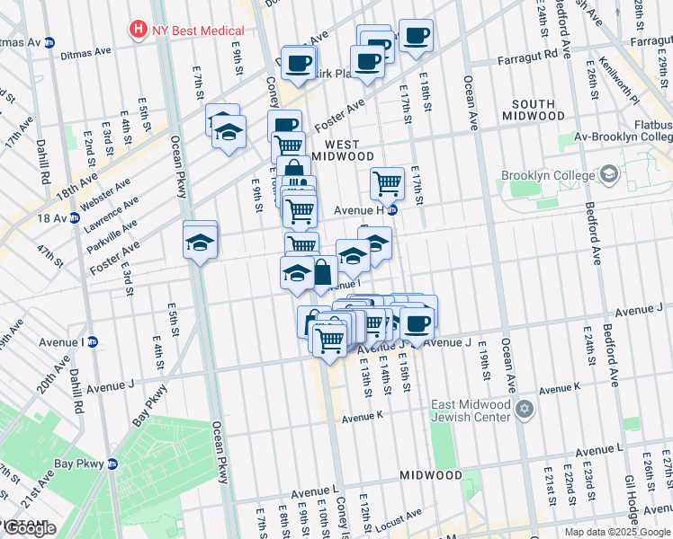 map of restaurants, bars, coffee shops, grocery stores, and more near 1109 Avenue I in Brooklyn