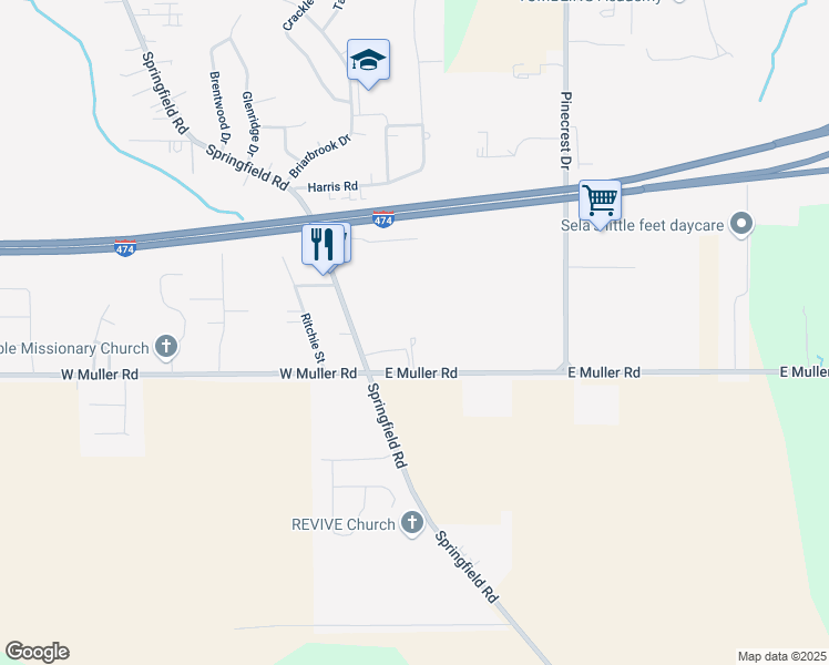 map of restaurants, bars, coffee shops, grocery stores, and more near 135 East Muller Road in East Peoria