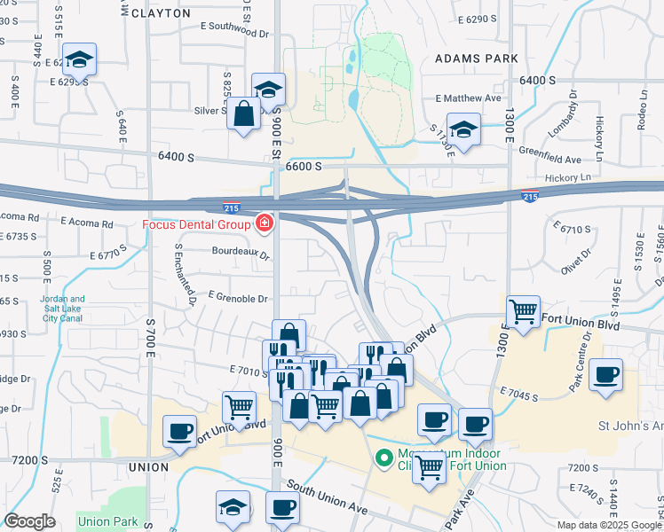 map of restaurants, bars, coffee shops, grocery stores, and more near 962 East 6795 South in Midvale