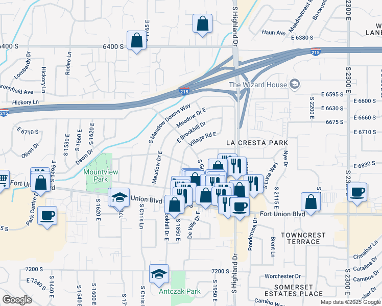 map of restaurants, bars, coffee shops, grocery stores, and more near 1864 Village Road East in Cottonwood Heights