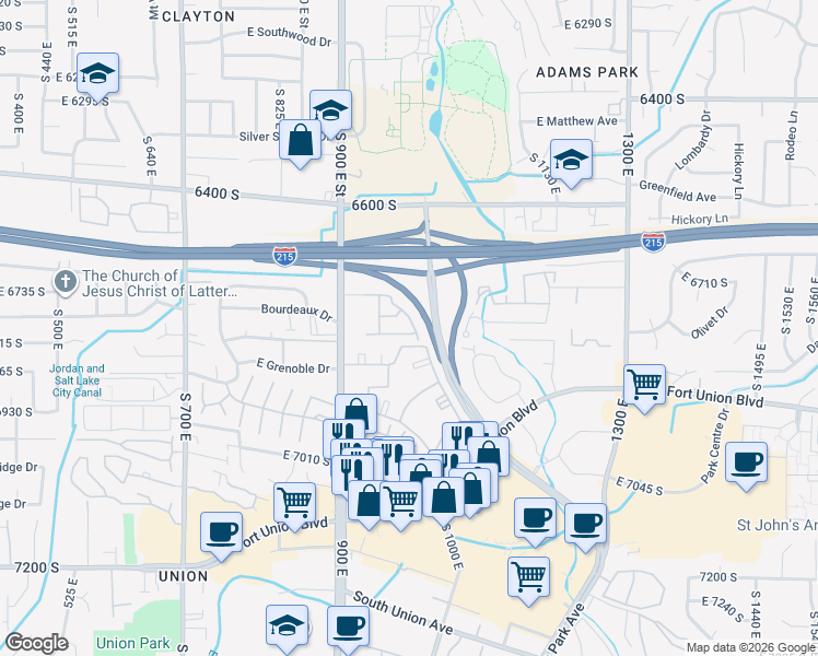 map of restaurants, bars, coffee shops, grocery stores, and more near 962 East 6795 South in Midvale