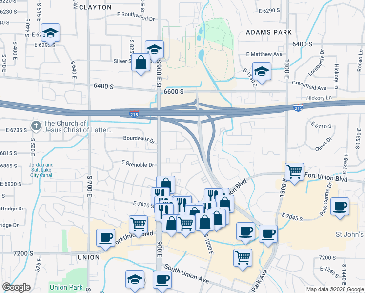 map of restaurants, bars, coffee shops, grocery stores, and more near 962 East 6795 South in Midvale