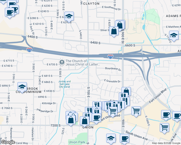 map of restaurants, bars, coffee shops, grocery stores, and more near 723 Dorado Court in Midvale