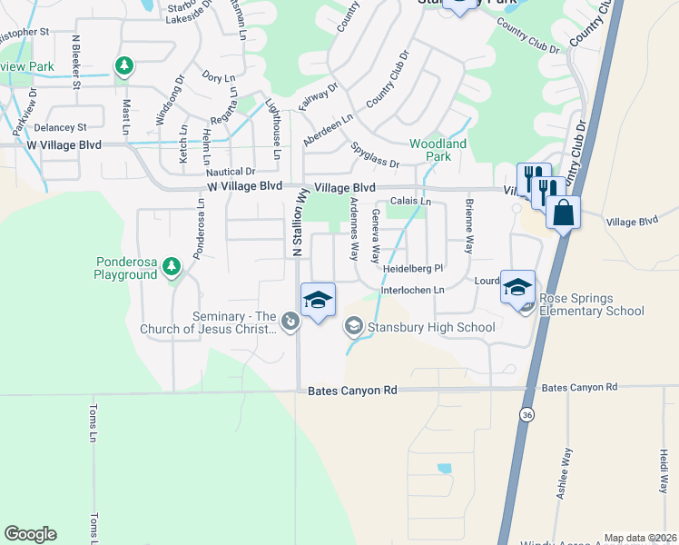 map of restaurants, bars, coffee shops, grocery stores, and more near 98 Shamrock Lane in Stansbury Park