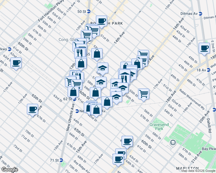 map of restaurants, bars, coffee shops, grocery stores, and more near 1518 57th Street in Brooklyn
