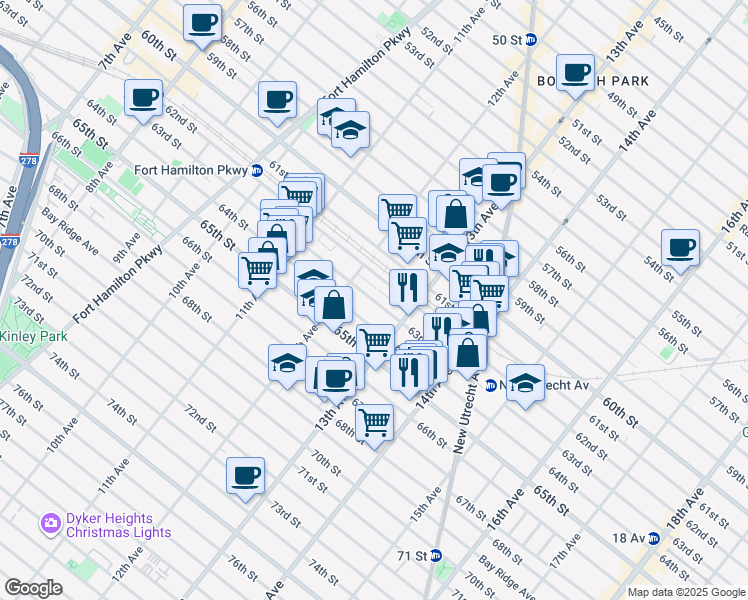 map of restaurants, bars, coffee shops, grocery stores, and more near 1261 63rd Street in Brooklyn