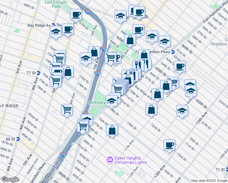 map of restaurants, bars, coffee shops, grocery stores, and more near 7122 Fort Hamilton Parkway in Brooklyn