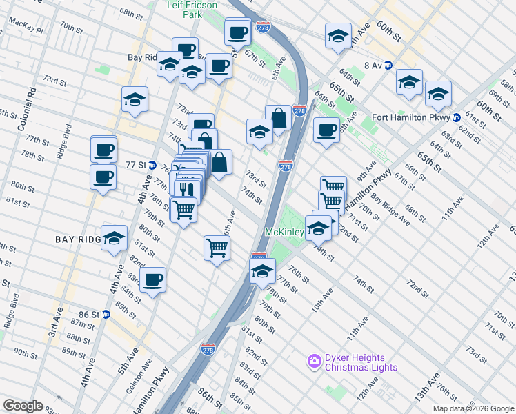 map of restaurants, bars, coffee shops, grocery stores, and more near 647 Bay Ridge Parkway in Brooklyn