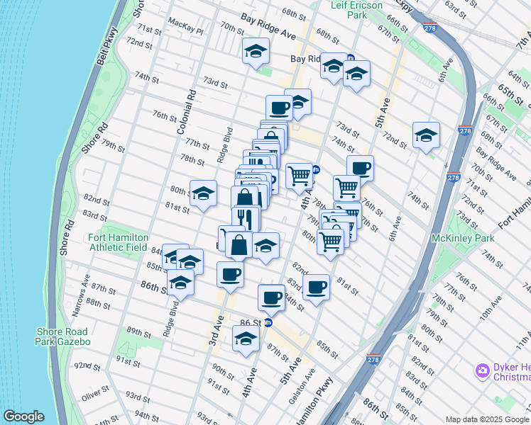 map of restaurants, bars, coffee shops, grocery stores, and more near 342 80th Street in Brooklyn