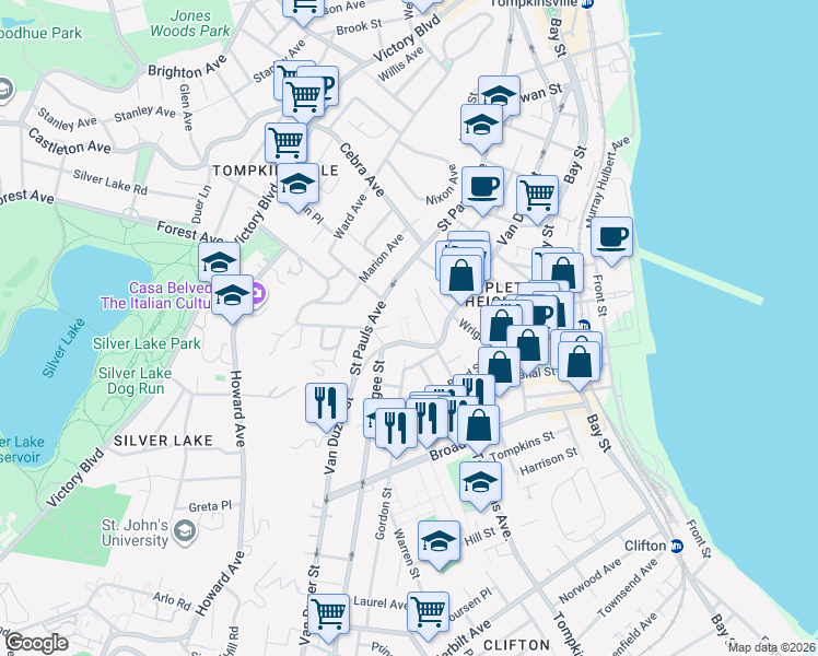 map of restaurants, bars, coffee shops, grocery stores, and more near 462 Van Duzer Street in Staten Island