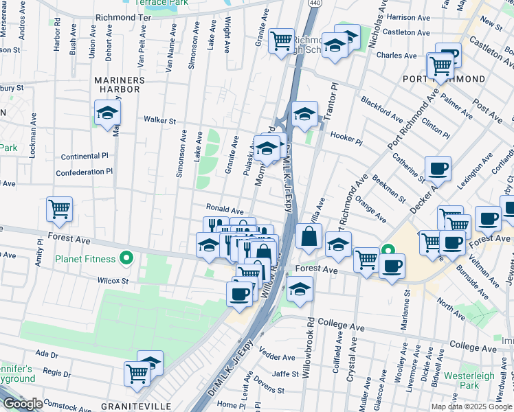 map of restaurants, bars, coffee shops, grocery stores, and more near 445 Morningstar Road in Staten Island
