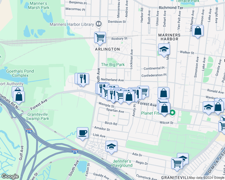 map of restaurants, bars, coffee shops, grocery stores, and more near 2239 Forest Avenue in Staten Island