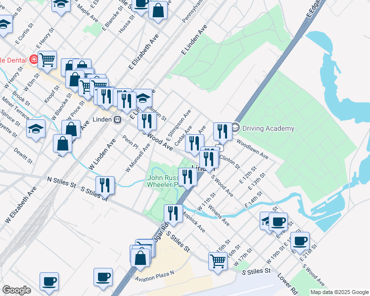 map of restaurants, bars, coffee shops, grocery stores, and more near 530 South Wood Avenue in Linden